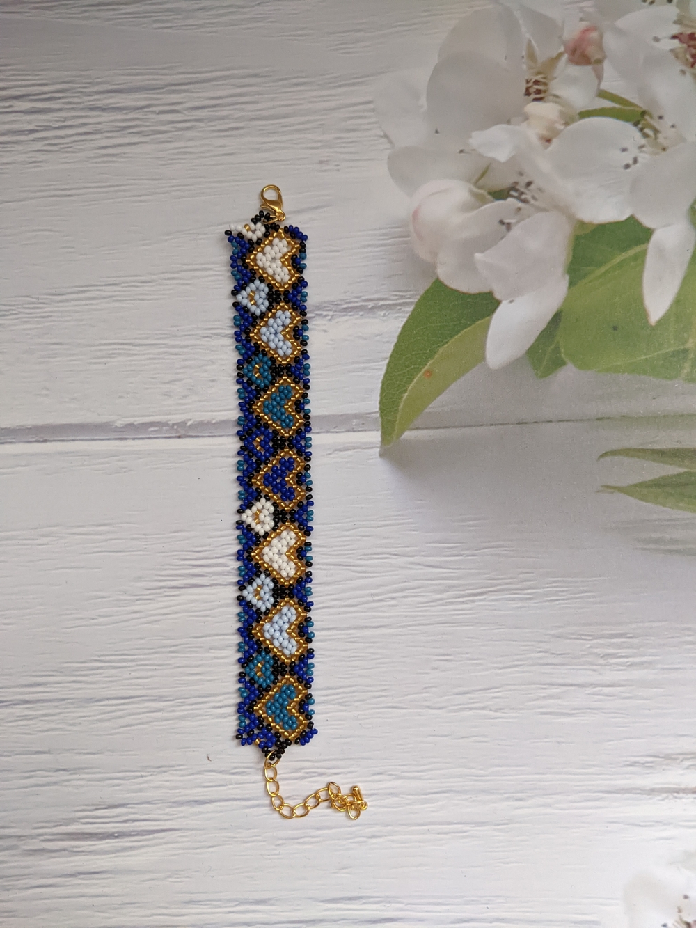 Blue & Gold Beaded Heart Bracelet - Women's Jewelry